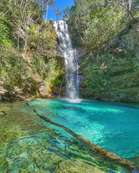 Queda d'água da cachoeira da Santa Bárbara, na chapada dos Veadeiros. A imagem mostra a queda d'água entre o paredão repleto de árvores e uma lagoa de tom azul claro cristalino. É uma das cachoeiras mias lindas do Brasil.