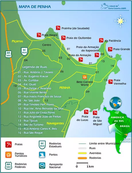 Mapa ilustrado de Penha SC. Mostrando o fundo verde representando penha, trajetos em amarelo e pontos turísticos em vermelho.